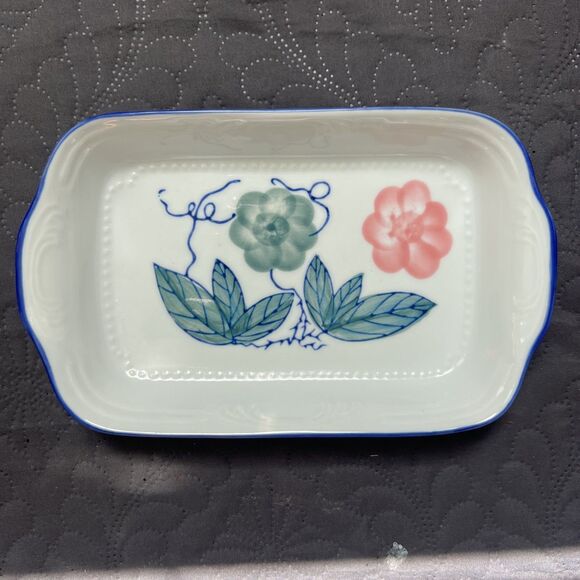 Vintage Rare 6pc Ceramic Flower Rectangular Bowl in Wicker Basket Hand Painted - Picture 3 of 9